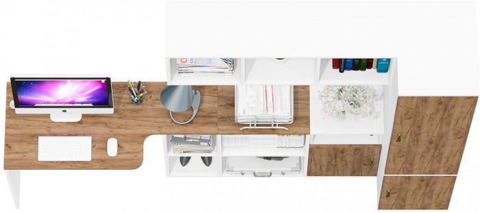 Лидер-8 Стол + Полка + Тумба МД 3.19 + Пенал МД 23Б, цвет белый шагрень/крафт золото, ШхГхВ 245х50х75/190 или 115х160/50х75/190 см., НЕ ун. сб.