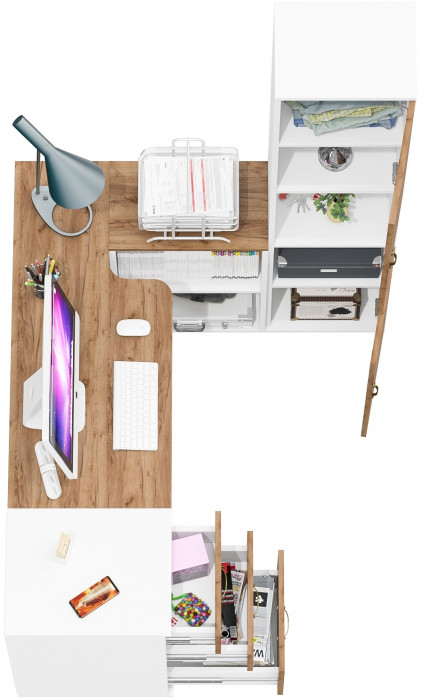 Лидер-8 Стол + Тумба МД 3.16 + Пенал, цвет белый шагрень/крафт золото, ШхГхВ 245х50/30х75/190 см. или 115х50/160х75/190 см., НЕ универсальная сборка