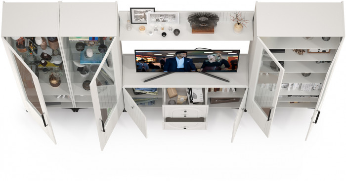 Валенсия Гостиная № 104, цвет ЛДСП белый шагрень/МДФ белый шагрень, ШхГхВ 327,3х38,4х225,2 см., ниша для ТВ 133х38х100 см., универсальная сборка