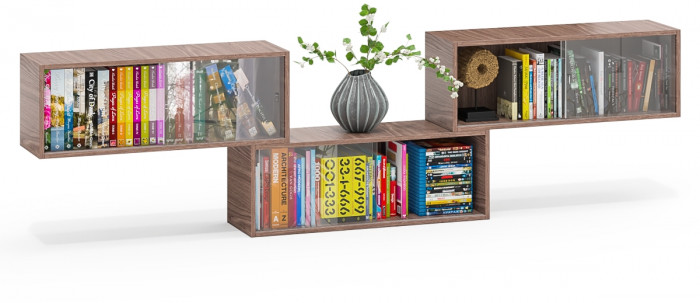 Три полки книжных С-МД-КН01, цвет ясень шимо тёмный, ШхГхВ размер каждой полки в отдельности: 83х25х30 см., стеклянные дверцы