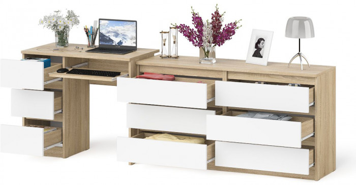 Мори Стол компьютерный МС-6 левый + Комод МК1380.6, цвет дуб сонома/белый, ШхГхВ 228х50х76,6 см., выдвижные ящики слева, НЕ универсальная сборка
