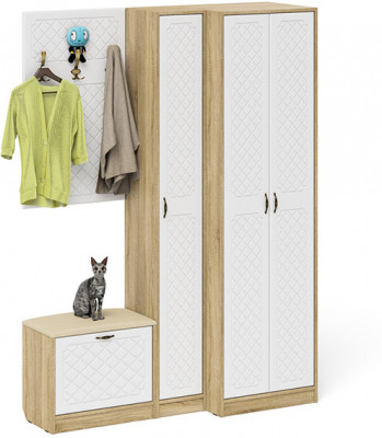 Прихожая П-6 Компоновка № 27, дуб сонома/фасады МДФ белое дерево фрезеровка ромб