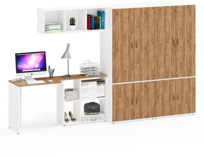 Лидер-8 Стол + Полка + Шкаф МД 19Б + Шкаф МД 19Б, белый шагрень/крафт золото