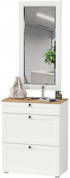 Остин 16.121 Тумба для обуви + 17.03 Зеркало, белый шагрень/дуб крафт золотой