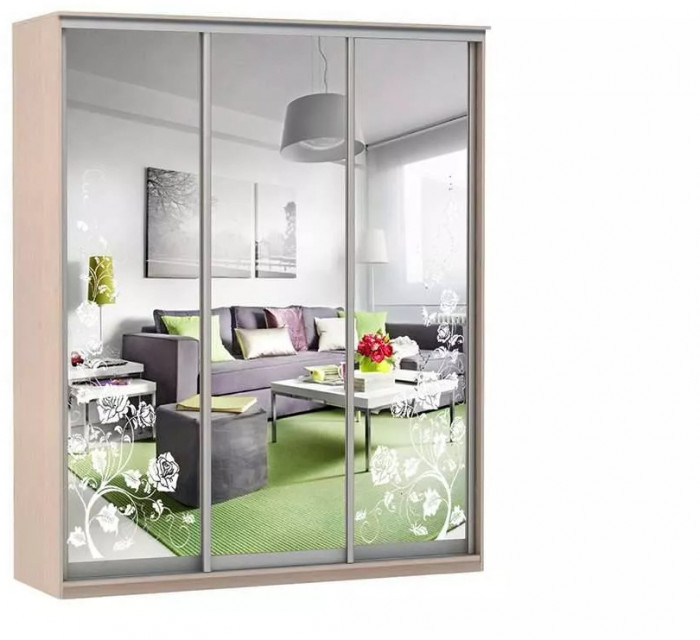 Шкаф купе Модерн 2076х600 3-х дверный 3-х секционный зеркальный с пескоструем №3 ясень