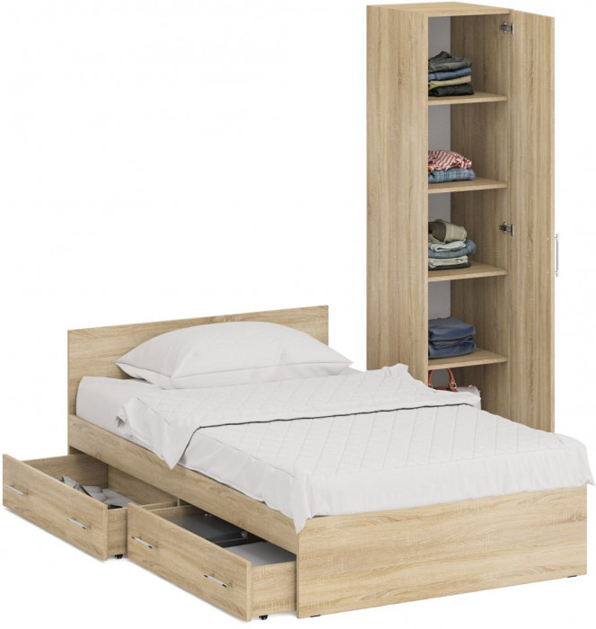 Кровать с ящиками 1200 + Пенал Стандарт, дуб сонома