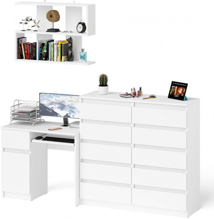 Мори Стол компьютерный МС-1 левый + Комод МК1200.10 + Полка 900, цвет белый, ШхГхВ 210,4х50х209,6 см., НЕ универсальная сборка