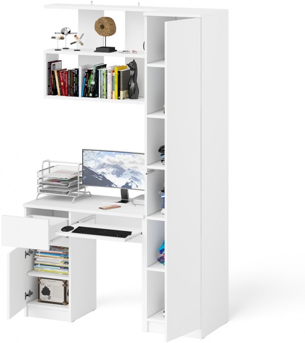 Мори Стол компьютерный МС-1 левый + Пенал МШ400.1 + Полка 900, цвет белый, ШхГхВ 130,4х50,4х209,6 см., НЕ универсальная сборка