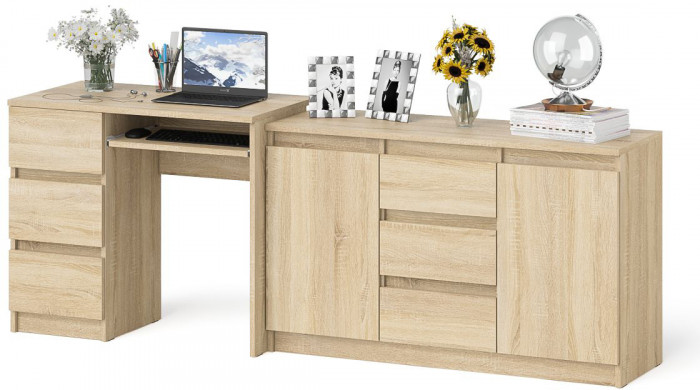 Мори компьютерный стол МС-6 левый + Комод МК1200.3, дуб сонома