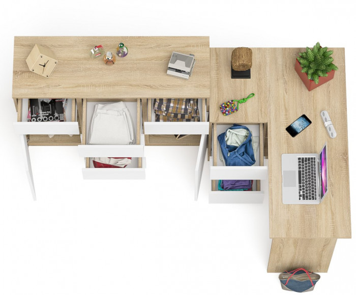 Мори компьютерный стол МС-16 левый + Комод МК1200.4, дуб сонома/белый