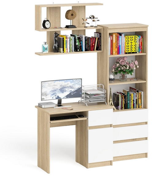Мори компьютерный стол МС-6 левый + Комод МК800.1 + Полка 900, дуб сонома/белый