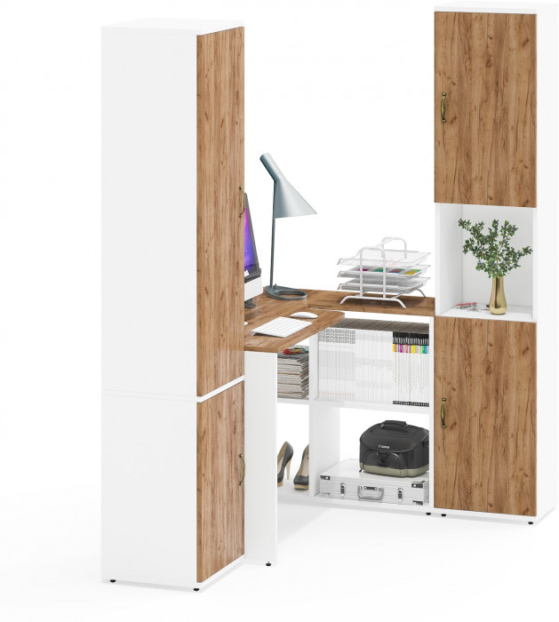 Лидер-8 Пенал МД 21Б + Стол + Пенал, цвет белый шагрень/крафт золото, ШхГхВ 245х50/37,5х75/190 или 155х120/50х75/190 см., НЕ универсальная сборка