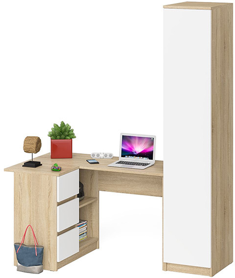 Мори Стол компьютерный МС-16 левый + Пенал МШ400.1, цвет дуб сонома/белый, ШхГхВ 164,8х84,9х209,6 см., выдвижные ящики слева, НЕ универсальная сборка