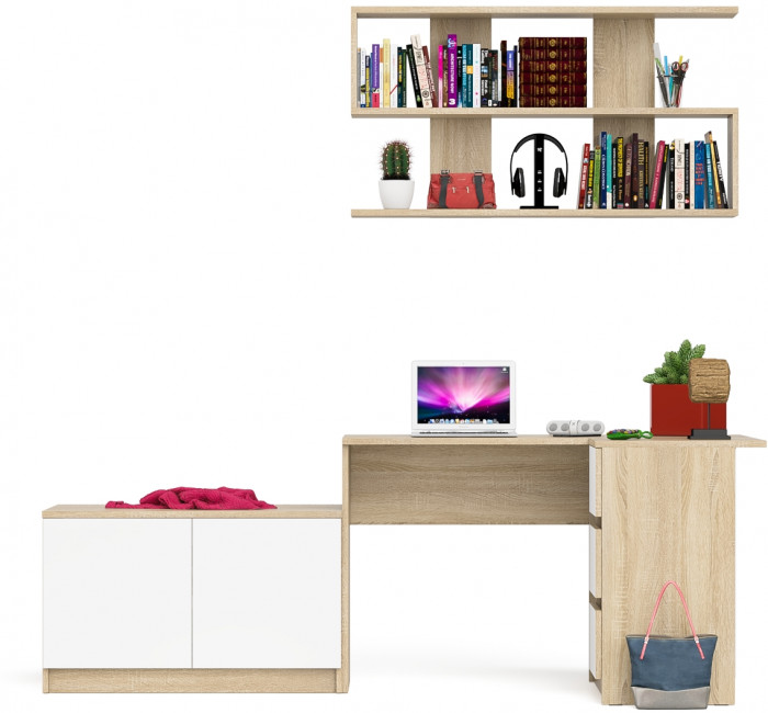 Мори Стол компьютерный МС-16 правый + Тумба МА900.1 + Полка 1200, цвет дуб сонома/белый, ШхГхВ 214,8х84,9х209,6 см., НЕ универс. сборка