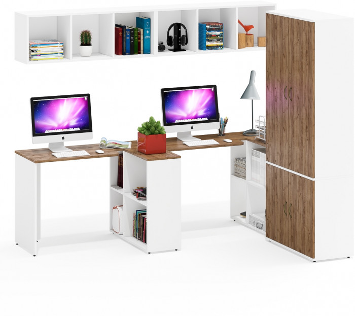 Лидер-8 Стол + Полка + Стол + Полка + Шкаф МД 20Б, белый шагрень/крафт золото