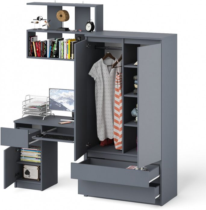 Мори Стол компьютерный МС-1 левый + Шкаф МШ900.1 + Полка 900, цвет графит, ШхГхВ 180,4х50,4х209,6 см., НЕ универсальная сборка