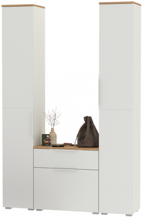 Октава Прихожая 17, цвет белый шагрень/дуб крафт золотой/фасады МДФ белый шагрень, ШхГхВ 129,3х35,4х197,6 см., универсальная сборка