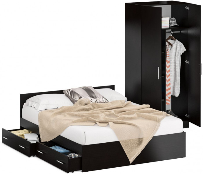 Кровать с ящиками 1600 + Шкаф 2-х створчатый Стандарт, венге