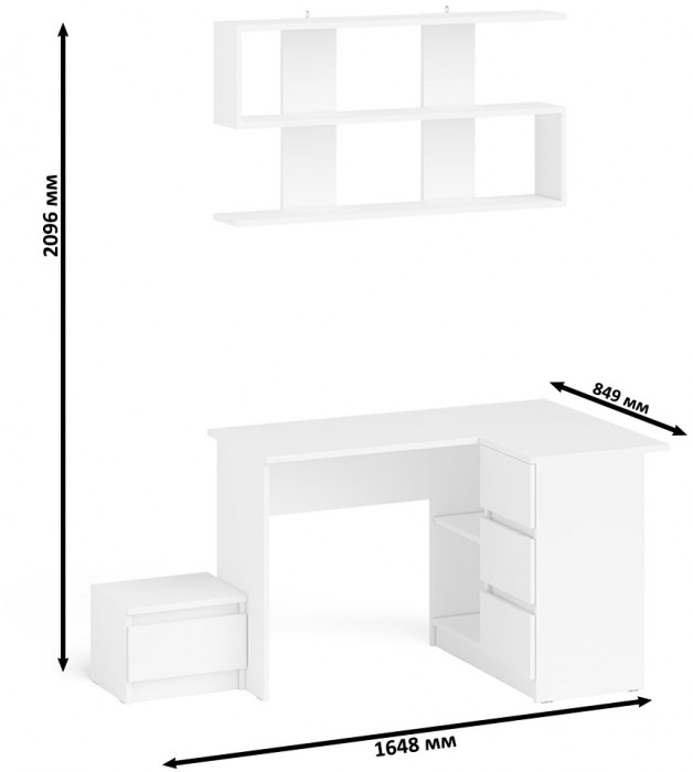 Мори компьютерный стол МС-16 правый + Тумба ТМП400.1 + Полка 1200, белый