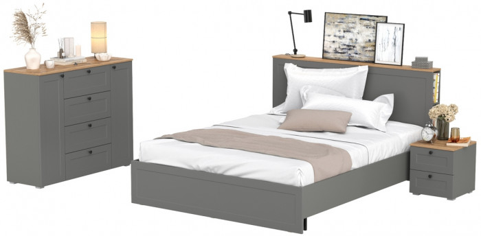 Остин 11.53 Кровать + ортопед + 16.152 Тумба прикроватная + 16.221 Комод, серый графит/дуб крафт золотой