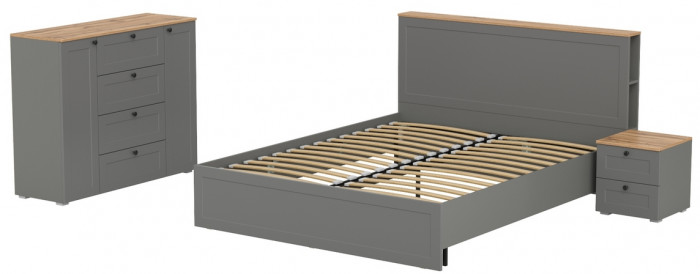 Остин 11.53 Кровать + ортопед + 16.152 Тумба прикроватная + 16.221 Комод, серый графит/дуб крафт золотой