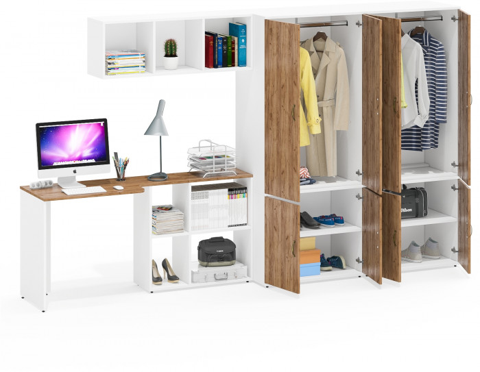 Лидер-8 Стол + Полка + Шкаф МД 19Б + Шкаф МД 19Б, цвет белый шагрень/крафт золото, ШхГхВ 325х50х75/190 или 240х115/50х75/190 см., НЕ ун. сборка