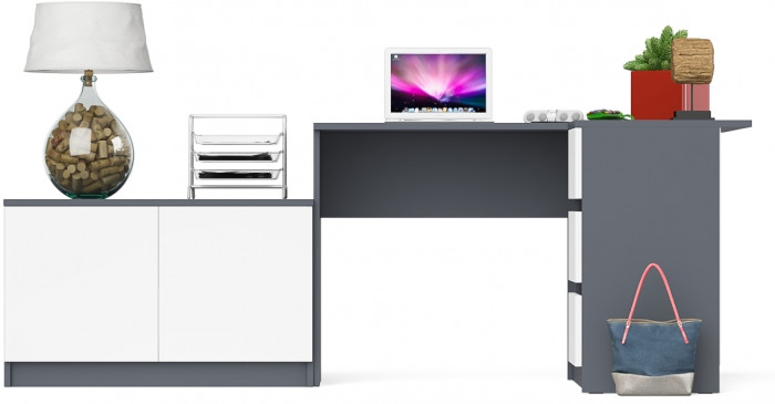 Мори Стол компьютерный МС-16 правый + Тумба МА900.1, цвет графит/белый, ШхГхВ 214,8х84,9х76,6 см., выдвижные ящики справа, НЕ универсальная сборка