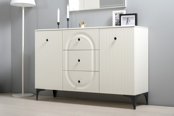 Валенсия Гостиная № 107, цвет ЛДСП белый шагрень/МДФ белый шагрень, ШхГхВ 327,3х38,4х225,2 см., ниша для ТВ 133х38х90 см., универсальная сборка