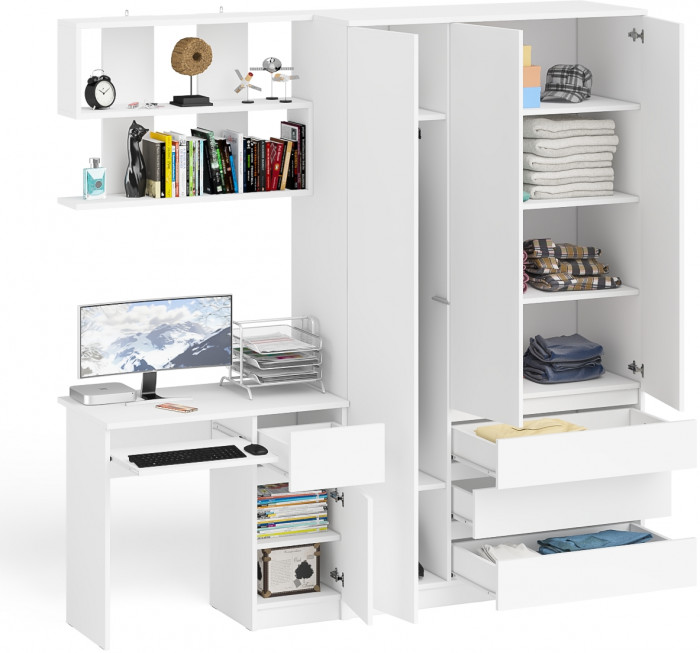 Мори компьютерный стол МС-1 правый + Шкаф МШ1200.1 + Полка 900, белый