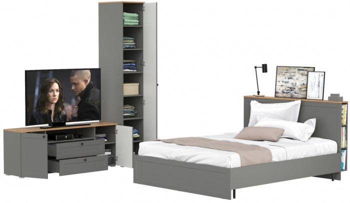 Остин 11.53 Кровать + ортопед + 13.225 Шкаф-пенал + 16.47 Тумба под ТВ, серый графит/дуб крафт золотой