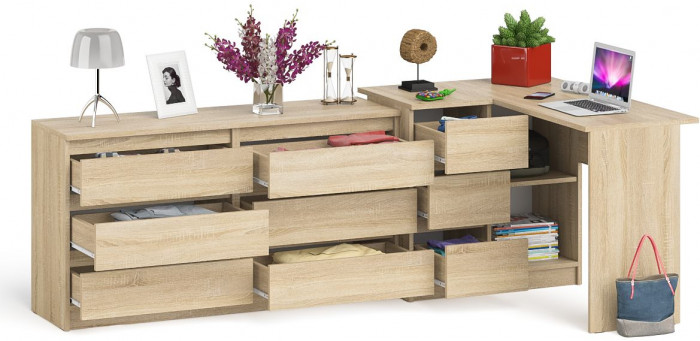 Мори компьютерный стол МС-16 левый + Комод МК1380.6, дуб сонома