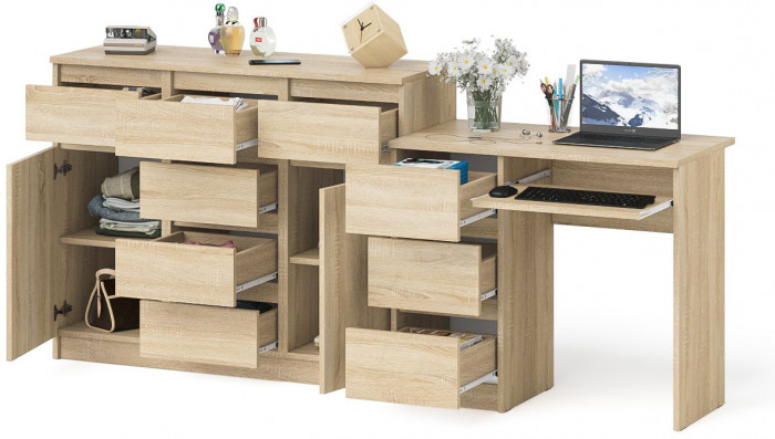 Мори компьютерный стол МС-6 левый + Комод МК1200.4, дуб сонома
