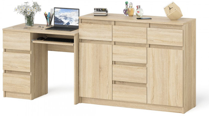 Мори компьютерный стол МС-6 левый + Комод МК1200.4, дуб сонома