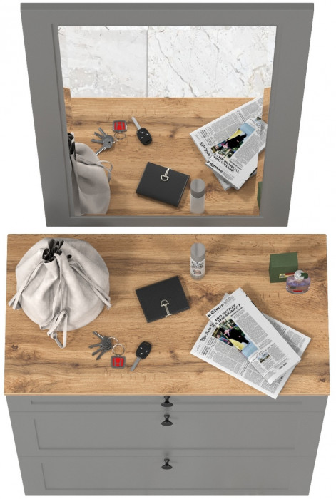 Остин 16.121 Тумба для обуви + 17.03 Зеркало, серый графит/дуб крафт золотой