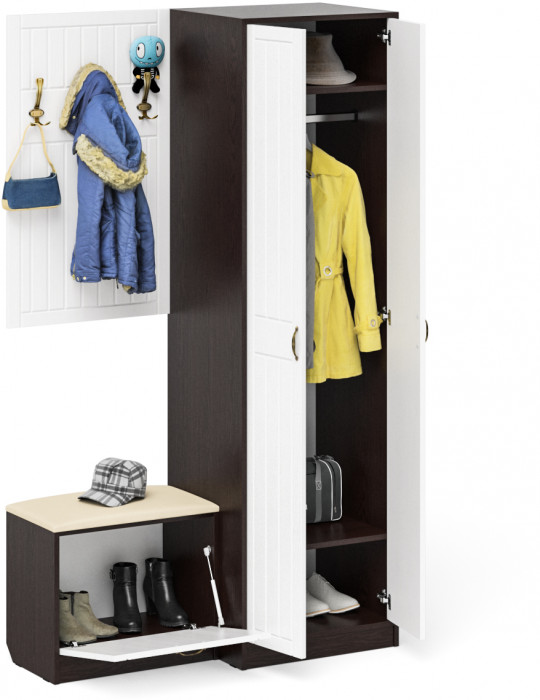 Прихожая П-6 Компоновка № 12, цвет венге/фасады МДФ белое дерево фрезеровка прованс, ШхГхВ 120х50х210 см., универсальная сборка