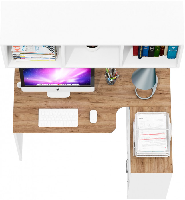 Лидер-8 Стол + Полка, белый шагрень/крафт золото