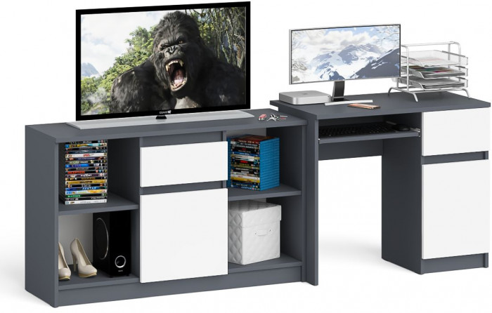 Мори компьютерный стол МС-1 правый + Тумба МТВ1204.1, графит/белый