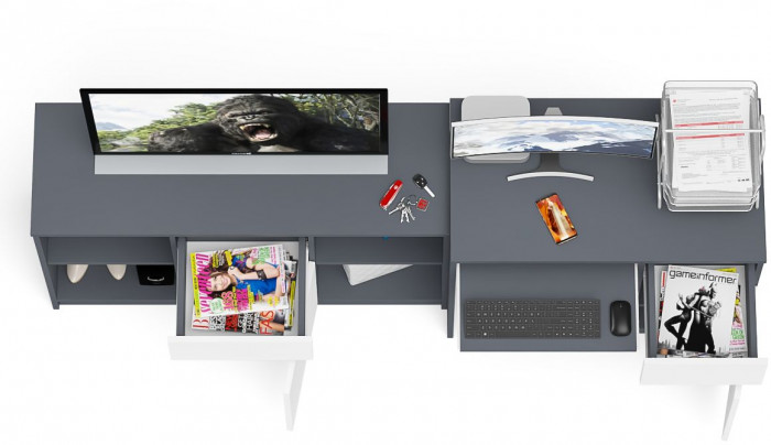 Мори компьютерный стол МС-1 правый + Тумба МТВ1204.1, графит/белый