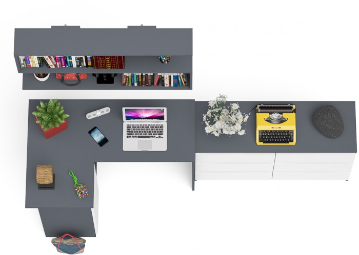 Мори компьютерный стол МС-16 левый + Комод МК1200.6 + Полка 1200, графит/белый