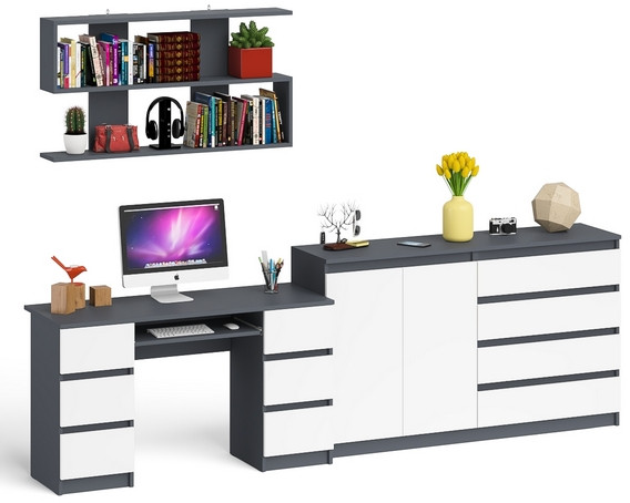 Мори компьютерный стол МС-2 + Комод МК1600.1 + Полка 1200, графит/белый