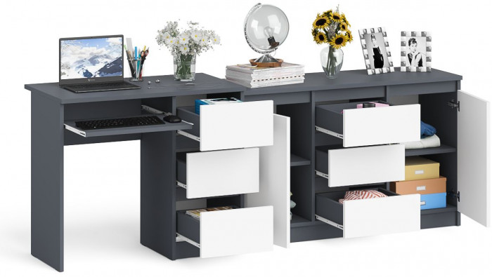 Мори компьютерный стол МС-6 правый + Комод МК1200.3, графит/белый
