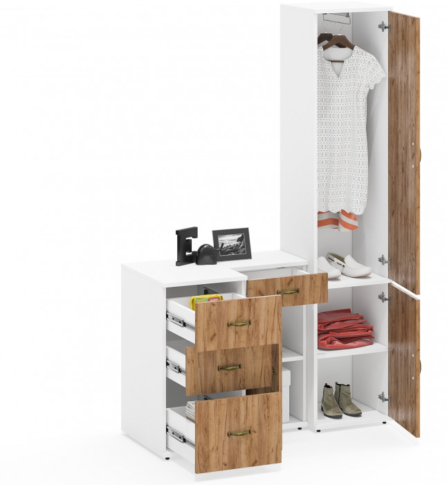 Лидер-8 Пенал МД 21Б + Тумба МД 3.15 + Тумба МД 3.16, цвет белый шагрень/крафт золото, ШхГхВ 120х50х190 см., универсальная сборка