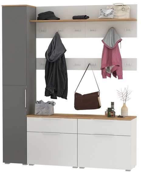 Октава Прихожая 52, цвет белый шагрень/серый графит/дуб крафт золотой/фасады МДФ белый шагрень/серый графит, ШхГхВ 162х35,4х197,6 см., ун. сборка