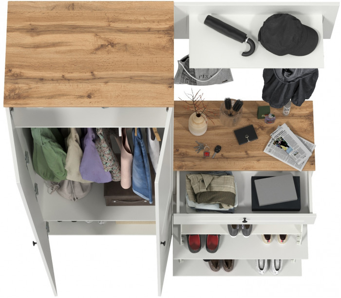 Остин Прихожая 17, цвет белый шагрень/дуб крафт золотой, ШхГхВ 160х54,3х229,6 см., универсальная сборка