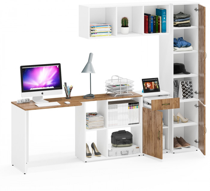 Лидер-8 Стол + Полка + Тумба МД 3.15 + Пенал МД 22Б, белый шагрень/крафт золото