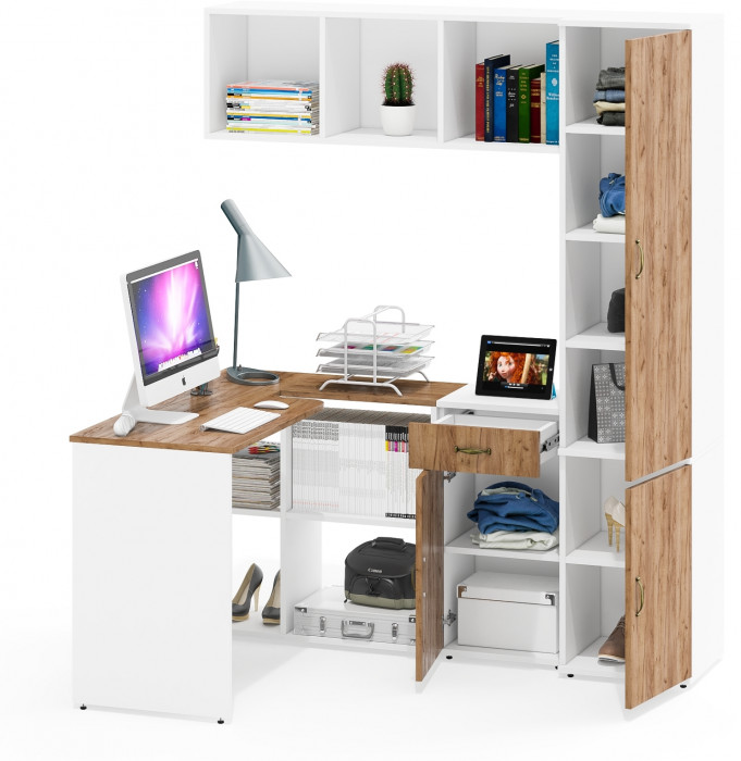 Лидер-8 Стол + Полка + Тумба МД 3.15 + Пенал МД 22Б, белый шагрень/крафт золото