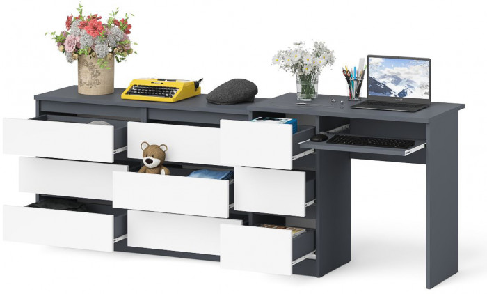 Мори компьютерный стол МС-6 левый + Комод МК1200.6, графит/белый