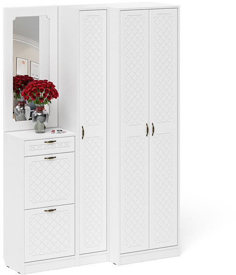 Прихожая П-6 Компоновка № 29, цвет белая шагрень/фасады МДФ белое дерево фрезеровка ромб, ШхГхВ 140х50х210 см., универсальная сборка