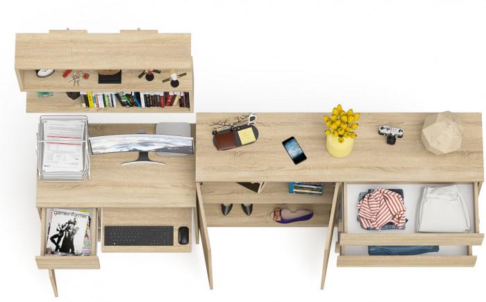 Мори компьютерный стол МС-1 левый + Комод МК1600.1 + Полка 900, дуб сонома