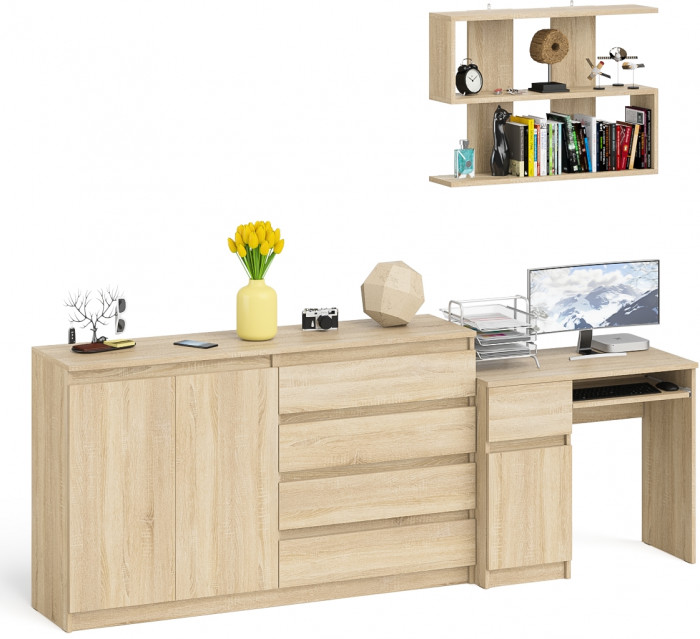 Мори компьютерный стол МС-1 левый + Комод МК1600.1 + Полка 900, дуб сонома